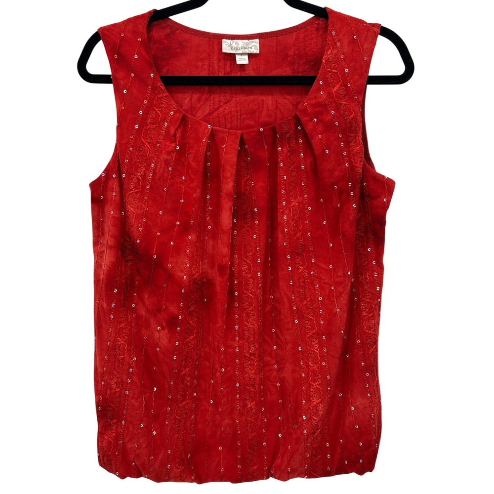 Dressbarn Womens Y2K Retro Red Sequin Embroidered Pleated Tank Top Size Large